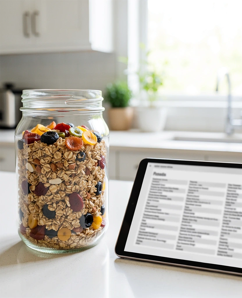 Clear glass jar with granola on a kitchen counter